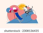 Collage illustration artwork of young overjoyed ride armchair have fun dream about his summer holidays sunbed isolated on drawn background