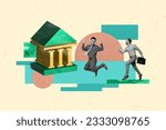 Creative drawing collage picture of bank building banker economist entrepreneur two together man jump run employee investment market money