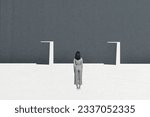 Small photo of Collage artwork graphics picture of doubtful unsure lady choosing right door enter isolated painting background