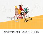 Creative collage of happy girl ride bicycle back to school pile stack book bag pencil planet earth globe isolated on painted background