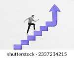 Creative artwork graphics collage painting of successful worker guy walking ladder up isolated white color background