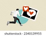 Collage art picture advertisement running guy click like match tinder app find his love second part isolated on painting background