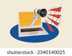 Small photo of Creative artwork picture collage of hand holding bullhorn megaphone announce news laptop screen media isolated over white background