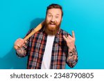 Small photo of Thug life brutal hooligan mature age man baseball fan champion showing fingers punk gesture rude isolated on blue color background