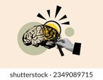Composite illustration photo concept abstract collage of arm hold enlarge glass studying brain isolated creative drawing background