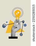 Small photo of Vertical collage image of black white effect arm fingers hold light bulb isolated on creative drawing grey background