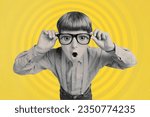 Surreal collage picture image artwork of funny nerd schoolboy staring open mouth touch eyewear shock isolated on yellow background