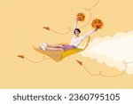 Composite art collage illustration of funny young woman flying airplane october carefree collect leaves isolated on beige background