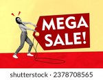 Small photo of Creative composition of collage girl drag huge coupon mega sale label invites you brand boutique do purchase isolated on yellow background