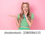 Photo of cheerful excited girl wear stylish summer costume blouse recommend new collection isolated on pink color background