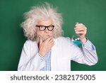 Photo of thoughtful crazy minded mad scientist thinking hold glass with liquid isolated on green color background