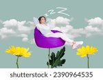 Creative trend collage of funny female hands behind head relax sleeping bean bag aroma therapy flowers bizarre unusual fantasy billboard