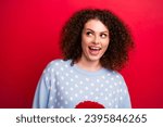 Photo of young lady wear blue warm christmas sweater looking empty space black friday promo banner isolated on red color background