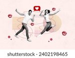 Small photo of Collage picture illustration black white effect jump activity funny young couple heart kiss doodle like bound white red background