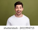 Small photo of Photo of impressed cheerful person open mouth toothy smile cant believe isolated on khaki color background