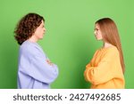 Small photo of Profile portrait of two unsatisfied capricious people folded hands sullen face look each other isolated on green color background