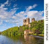 Durham Cathedral, on its rocky outcrop above the River Wear, in County Durham, England. 