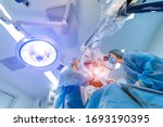 Small photo of Modern equipment in operating room. Medical devices for neurosurgery. Background. Operating theatre. Selective focus. Neurosurgery concept.
