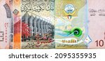 Small photo of Large fragment of the obverse side of 10 KWD ten Kuwaiti dinars bill banknote features The National Assembly of Kuwait, a sambuk dhow ship, Kuwaiti dinar is the currency of the State of Kuwait