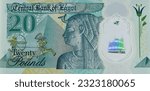 Small photo of Cairo, Egypt, June 23 2023: Large fragment of reverse side of Egyptian 20 EGP LE twenty polymer pounds cash money banknote bill features queen Cleopatra, Great Pyramid along with the pharaonic chariot