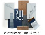 Moodboard. Material samples. Blue, white, warm wood, marble stone.                  