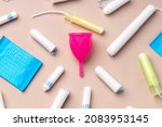 Small photo of Menstrual hygiene products including cup, pads and tampon