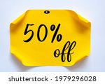 50% OFF Discount Sticker. Sale Yellow Tag Isolated. Discount Offer Price Label