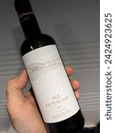 Small photo of Paris, France - Mar 8, 2022: POV male hand holding bottle with Purcari Alb de Purcari white wine - Made in Moldova - white dry wine