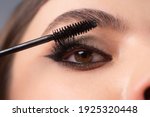 Closeup of eye makeup. Applying maskara on lushes Young woman getting make up with brush. Eyes visage woman