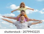 Fathers day. Family man different ages on weekend. Father and son with grandfather raising hands or open arms flying. Men generation.
