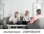 Small photo of Discussion of family problems with psychologist. Family conflicts, marital crisis, divorce. Depression counseling, family therapy. Marriage counseling, marital problems.