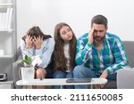 Small photo of Trouble couple with unhappy child teenager discussing problems in worry family. Conflicts marital sad couple with kids crisis.