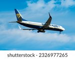 Small photo of Boryspil, Ukraine - October 4, 2021: Airplane Boeing 737-800 (SP-RKV) of Ryanair (Buzz) is landing at Boryspil airport