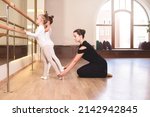 Small photo of Female dance instructor trying to comfort one of her little students during a ballet class. Girls are engaged in choreography in the ballet school.Young ballet teacher and