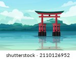 Beautiful scene with landscape of lakefront with torii gates in japan, design for postcard or travel poster, vector illustration