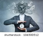 Conceptual image of business woman without head and daily routine icons instead. Artificial intelligence concept