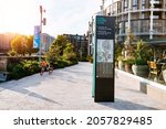 Small photo of King's Cross London, UK, July 12, 2019: Granary Square wayfinding, Coal Drops Yard new shopping district in the heart of King's Cross