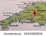 Plymouth map. Plymouth pinned on a map of England. Map with red pin point of Plymouth in England.
