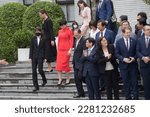 Small photo of Czech Speaker of the Chamber of Deputies Marketa Pekarova Adamov take a group photo with legislators in front of the parliament Taipei, Taiwan on March 28 2023.