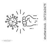 fist kick by bacteria icon, protect on virus, conquer infection disease, resistance antimicrobial, thin line web symbol on white background - editable stroke vector illustration eps10