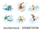 Set of skiers isolated on white background. Skier rides, jumps, slides in mountains. Ski actions: downhill, slalom, freeride, ski jumping, freestyle. Skiing in winter Alps. Vector illustration