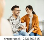 Small photo of Group psychotherapy. Persons sitting in circle and talking. People meeting. Psychotherapy training, business lecture or conference. Man woman support group