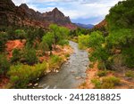 Classic view of the Virgin river and the Watchman from the Canyon Junction bridge, Zion National Park, Utah, Southwest USA.