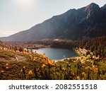 Poprad lake, Popradske pleso very popular hiking destination in High Tatras national park. Slovakia landscape. Autumn colors in sunny day 