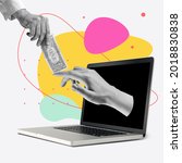 Small photo of Online payments. Male hands passing money sticking out of laptop screen over colored background. Contemporary art collage. Concept of online trades, sales, teleworking. Copyspace for ad, offer