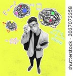 Small photo of Contemporary art collage of thinking student boy. Tangled thoughts around head. Solving heavy tasks. Complicated math formulas on neon yellow background. Concept of online study, education, ad