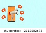Small photo of Contemporary art collage. Modern design. Female hand with megaphone sticking out phone screen with like icons promoting online shopping. Concept of Internet purchase, worldwide network and ad