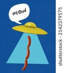 Small photo of Contemporary art collage. UFO image with sausages searching cat isolated over blue background. Creative image. Pet friend. Unrealistic love. Concept of surrealism, imaginatio, inspiration, artwork