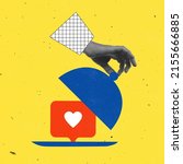 Small photo of Contemporary art collage. Human hand opening dish with social media like isolated over yellow background. Internet popularity. Concept of social media, influence, popularity, modern lifestyle and ad