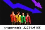 Small photo of Group of young office people in bright colored jackets looking at regress arrow which going down, symbolizing financial crisis, bankruptcy, trouble at work, losses. Contemporary art collage